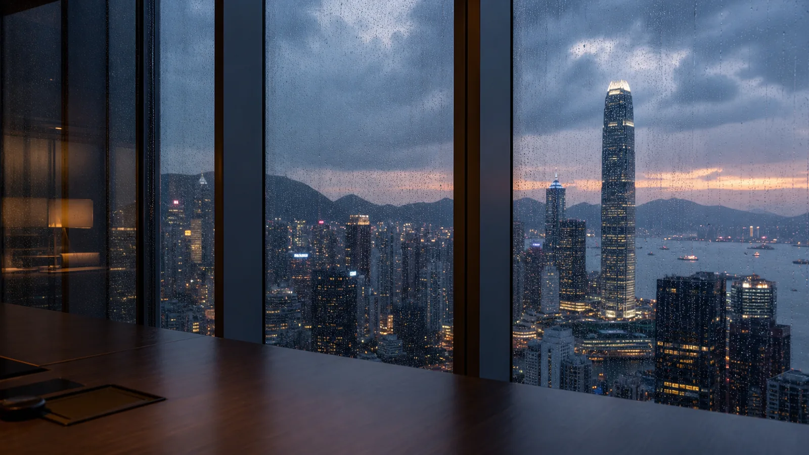Hong Kong skyline viewed from a private office window